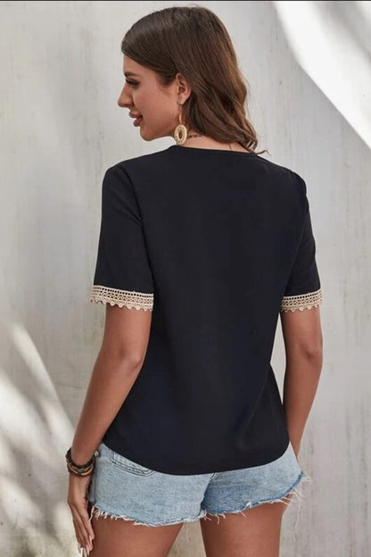 Full Size Lace Detail V-Neck Short Sleeve Blouse