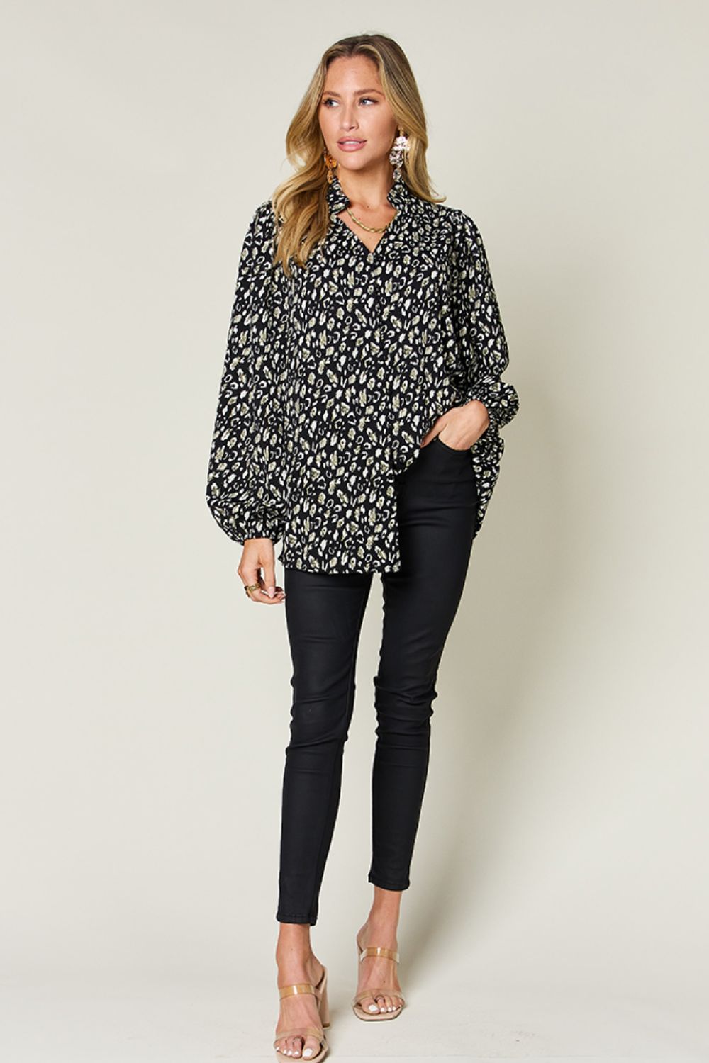 Double Take Full Size Leopard Long Sleeve Blouse