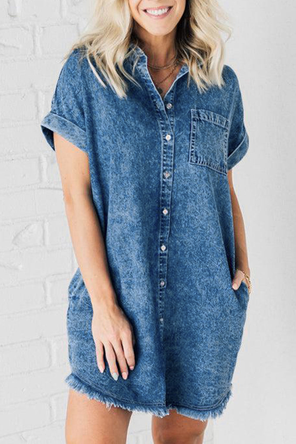 Raw Hem Pocketed Cap Sleeve Denim Dress