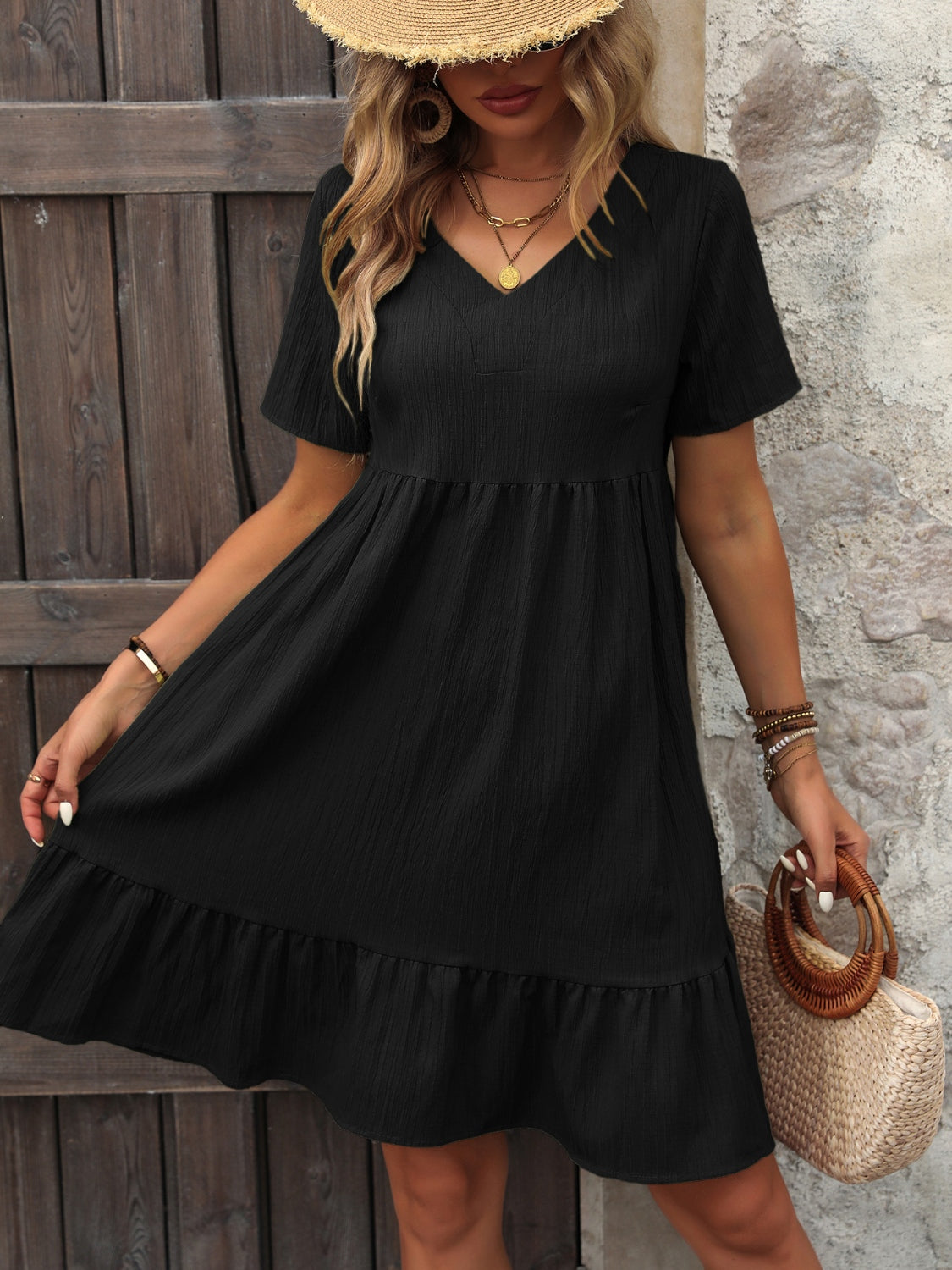 V-Neck Short Sleeve Mini Dress