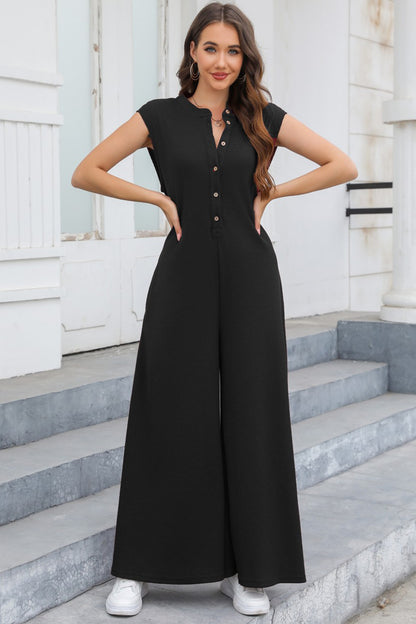 Half Button Wide Leg Jumpsuit with Pockets