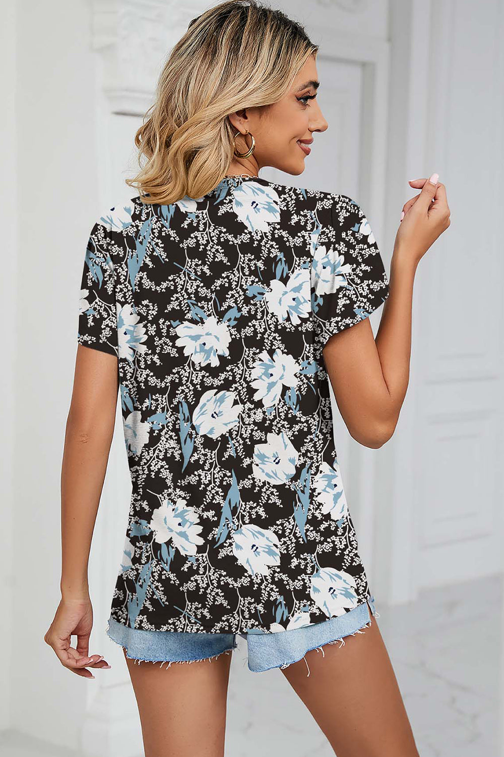 Floral V-Neck Short Sleeve T-Shirt