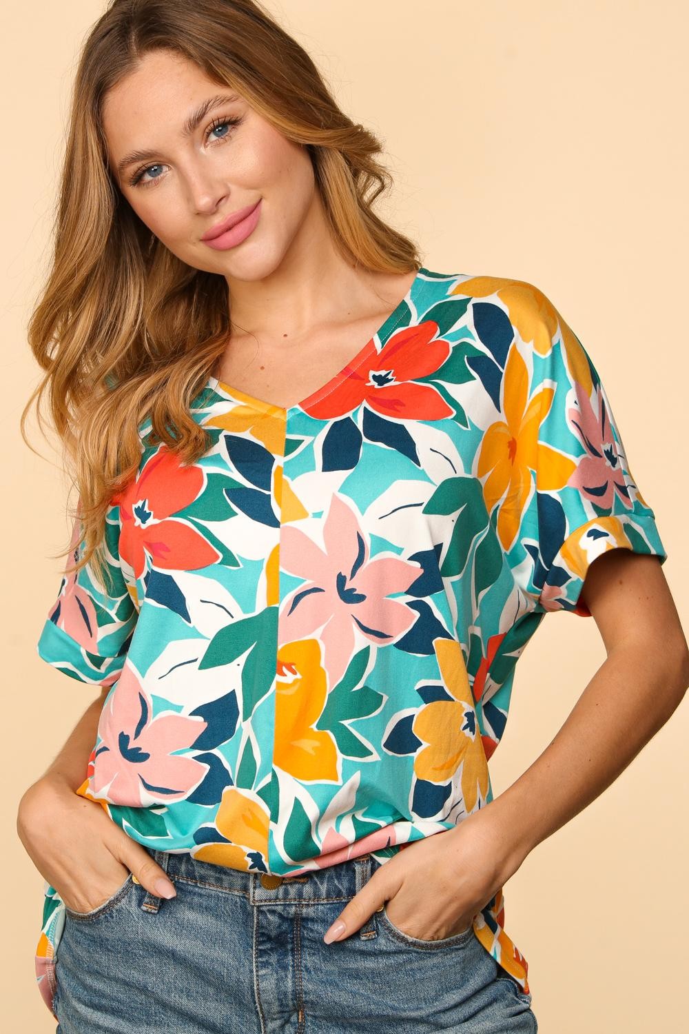 Haptics Printed V-Neck Short Sleeve Top