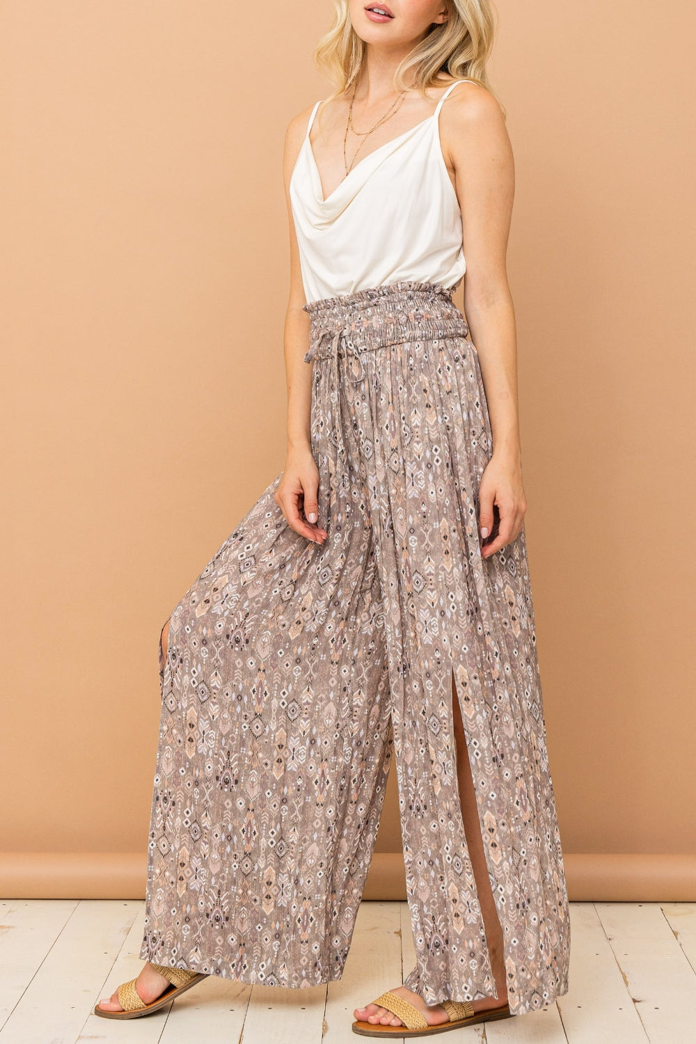 And The Why Printed Smocked Slit Printed Midi Skirt