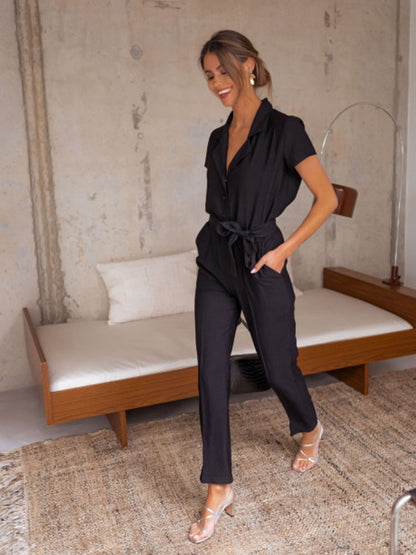 Tied Collared Neck Short Sleeve Jumpsuit