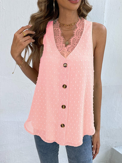 Swiss Dot Lace Detail V-Neck Tank