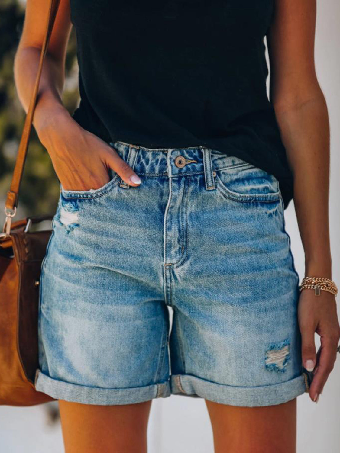 Distressed Denim Shorts with Pockets