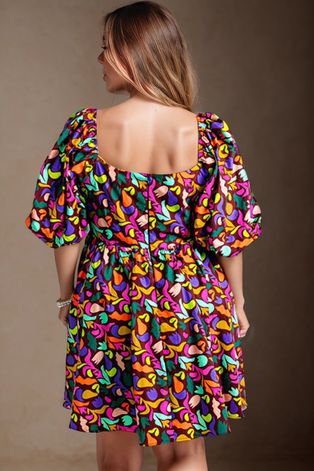 Plus Size Printed Square Neck Half Sleeve Dress