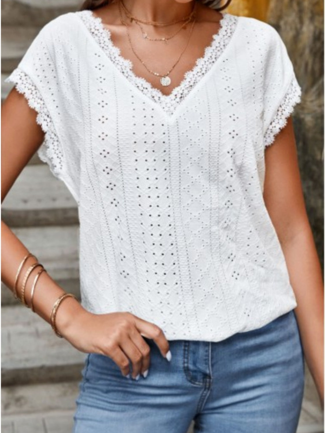 Eyelet V-Neck Cap Sleeve Blouse