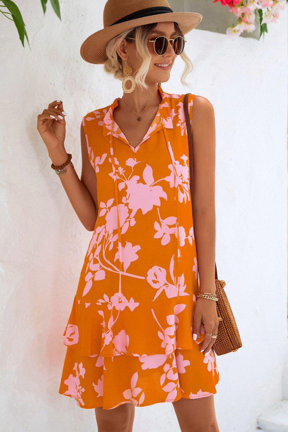 Printed Tie Neck Sleeveless Dress