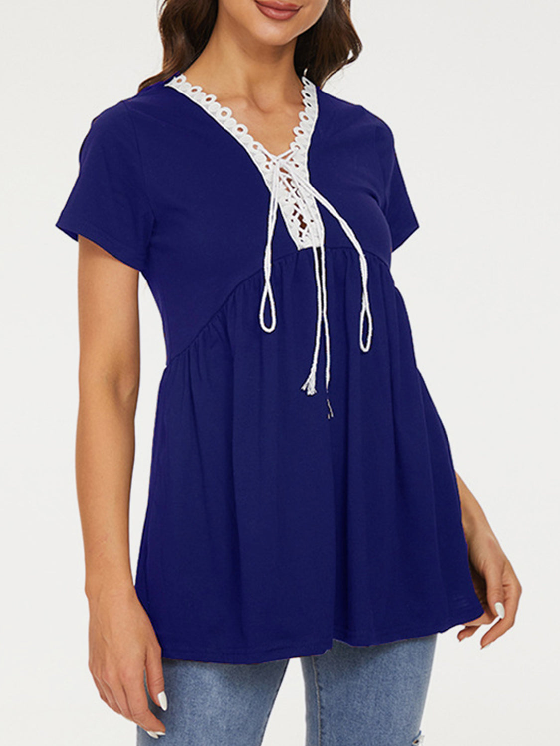 Lace Detail Tie Neck Short Sleeve T-Shirt