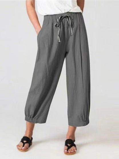 Elastic Waist Wide Leg Pants with Pockets