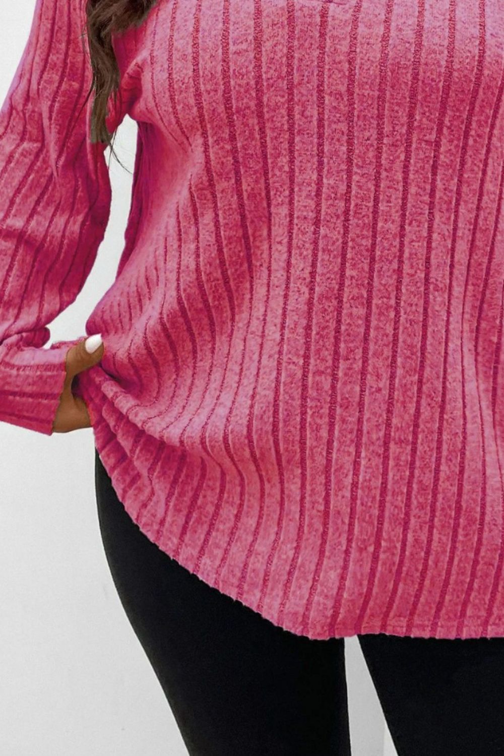 Plus Size Ribbed Johnny Collar Long Sleeve T-Shirt