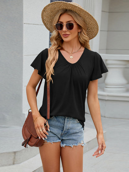 Ruched V-Neck Short Sleeve T-Shirt