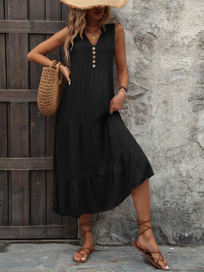 Decorative Button Notched Sleeveless Dress