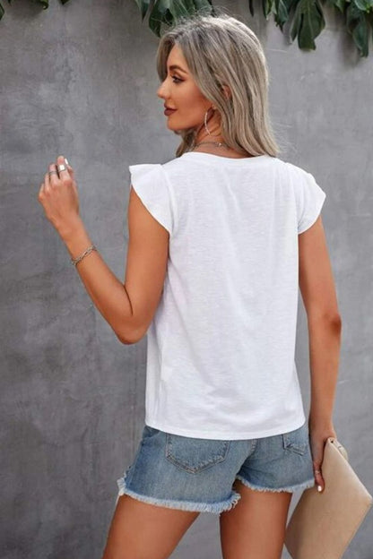 Ruffled Round Neck Cap Sleeve T-Shirt