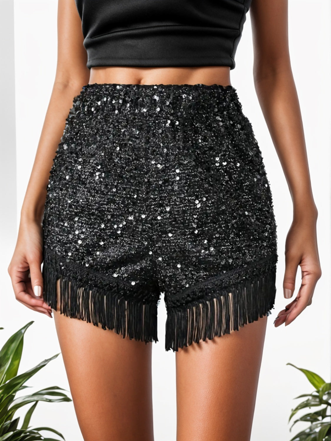 Fringe Sequin Mid-Rise Waist Shorts