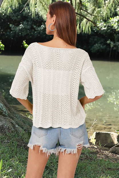 Openwork Round Neck Half Sleeve Knit Top