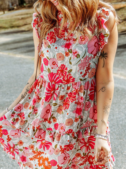 Ruffled Printed Mock Neck Dress