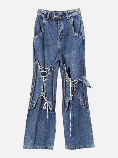 Lace Up Bootcut Jeans with Pockets