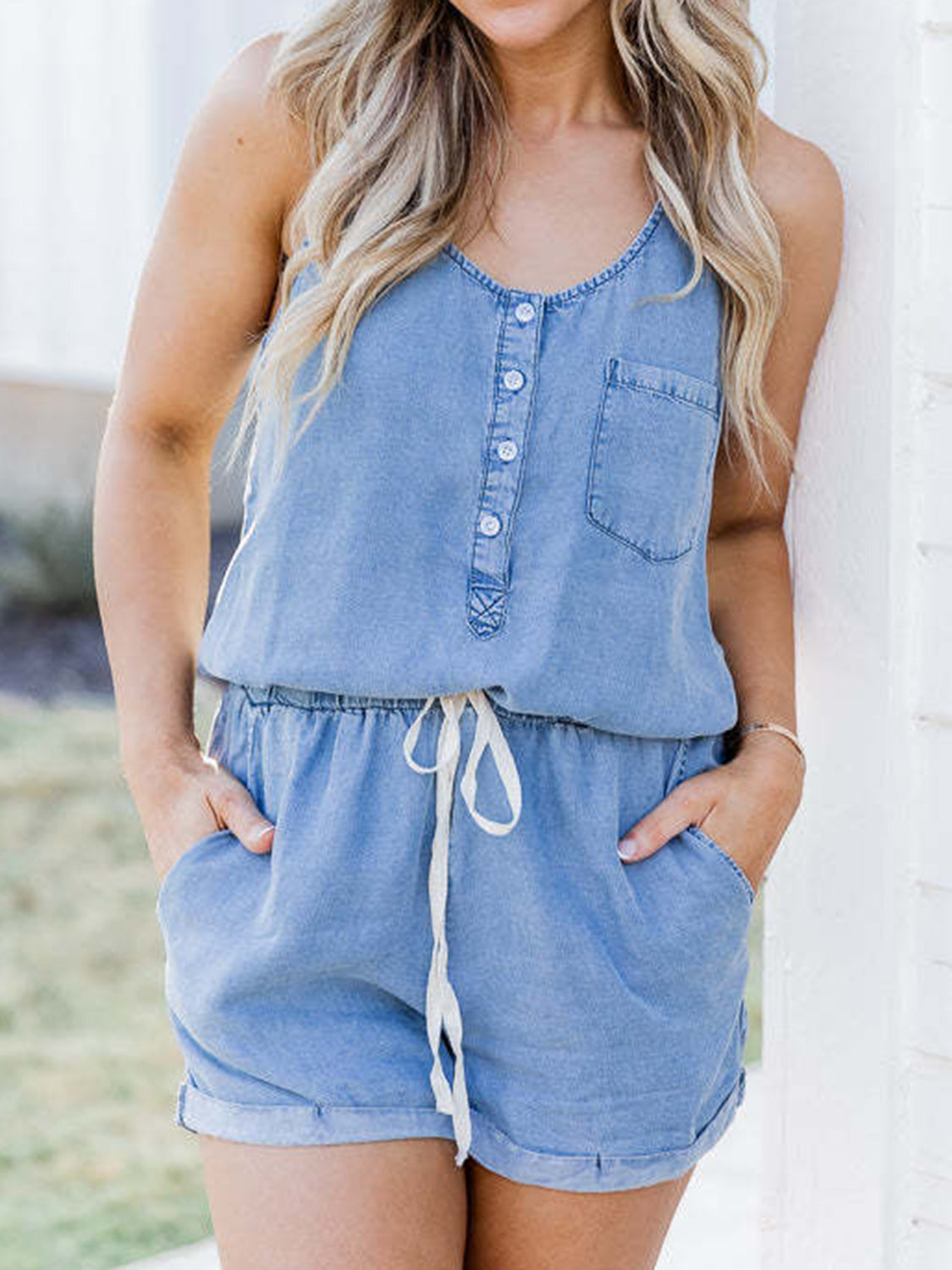 Pocketed Half Button Sleeveless Denim Romper