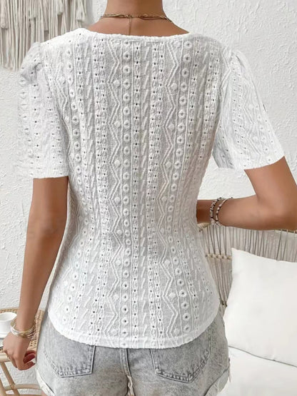 Eyelet Lace Detail V-Neck Short Sleeve Blouse