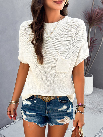 Round Neck Rib Trim Short Sleeve Knit Top