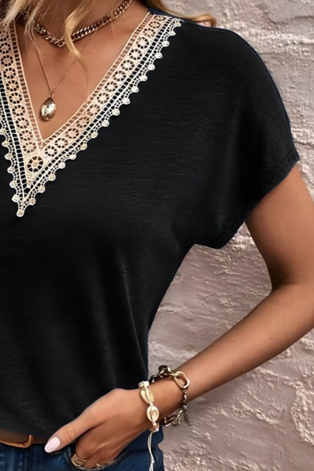 Full Size Lace Detail V-Neck Short Sleeve T-Shirt