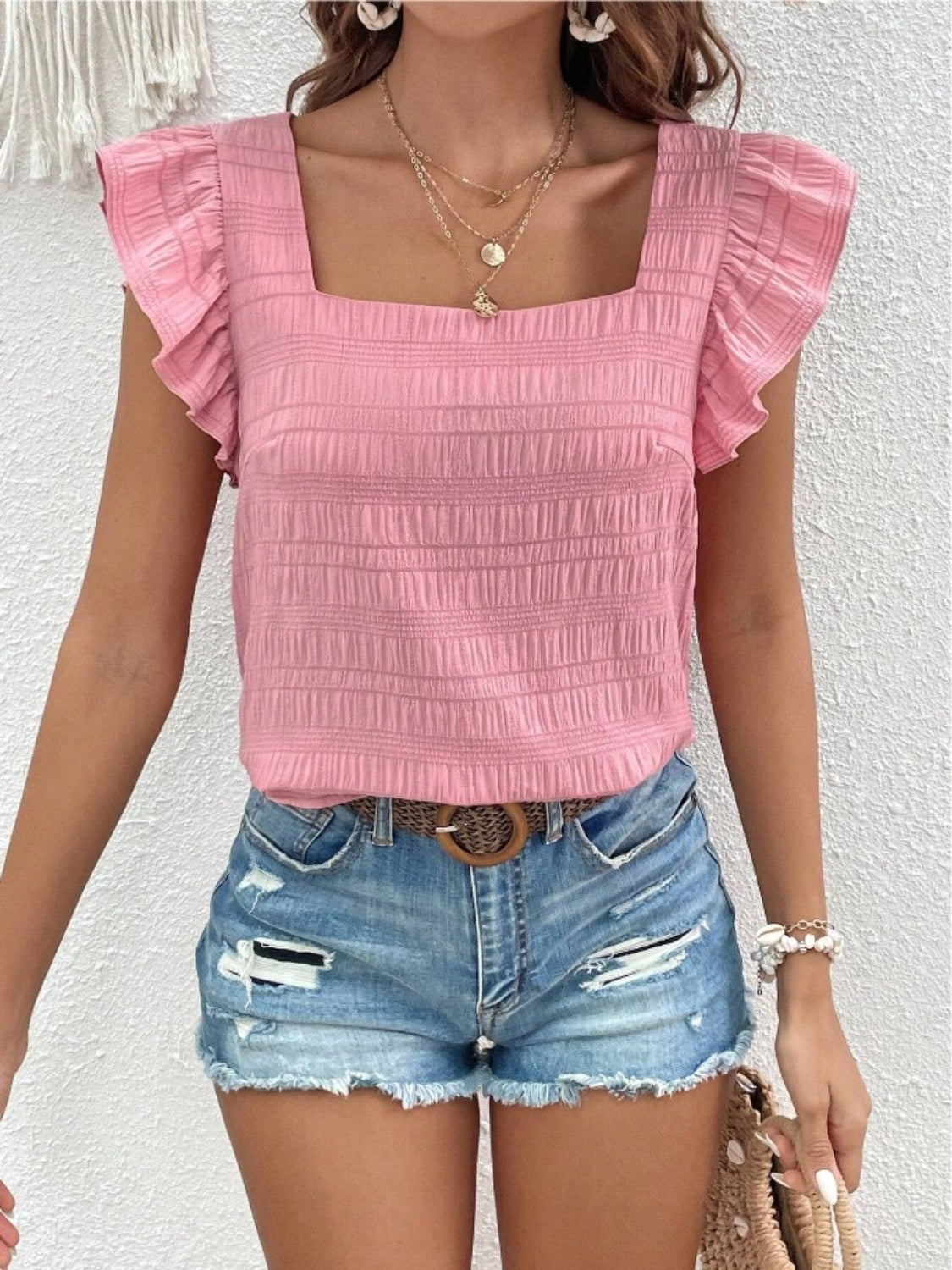 Ruffled Square Neck Cap Sleeve Blouse