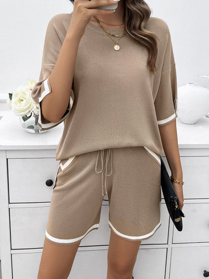 Contrast Trim Round Neck Top and Shorts Set