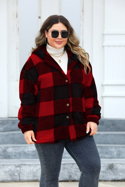 Plus Size Plaid Button Up Hooded Jacket