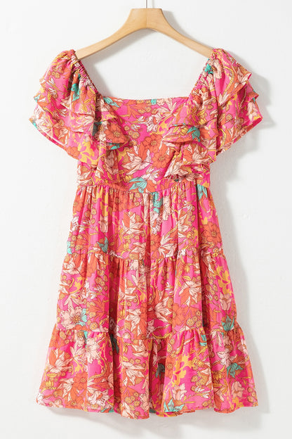 Ruffled Printed Square Neck Dress