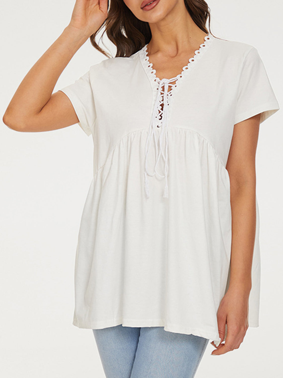 Lace Detail Tie Neck Short Sleeve T-Shirt