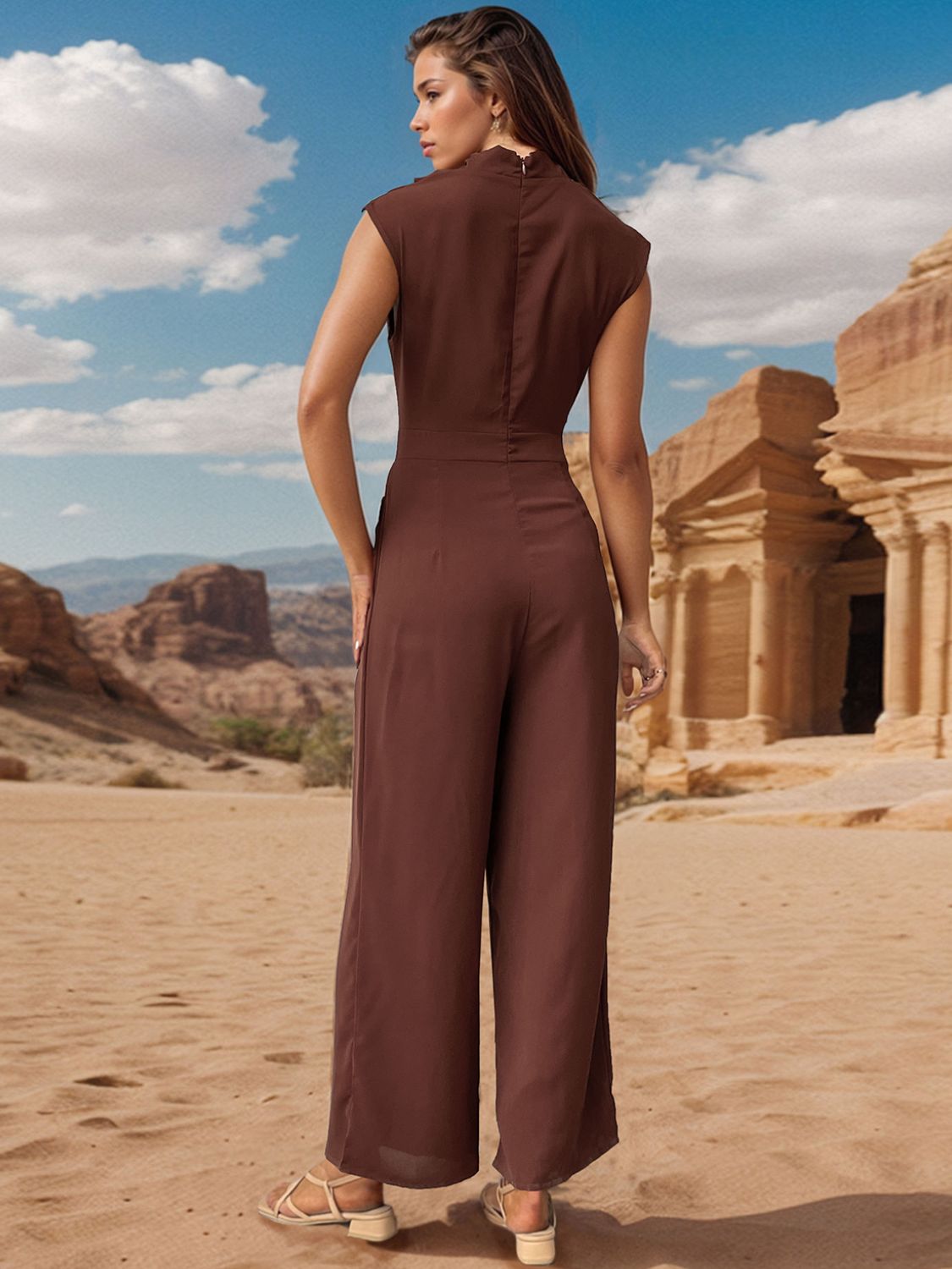 Ruched Mock Neck Sleeveless Jumpsuit