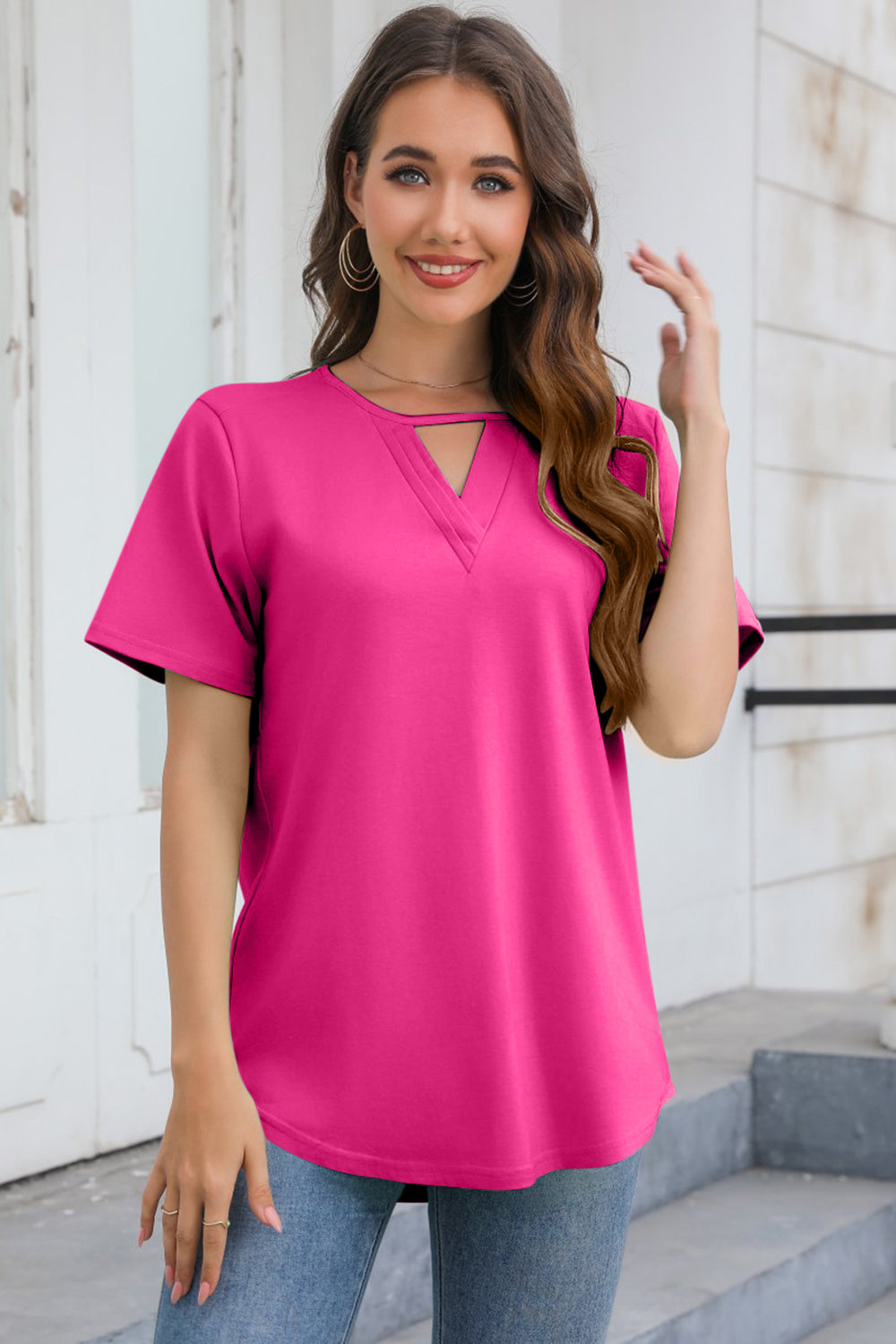 Cutout V-Neck Short Sleeve T-Shirt