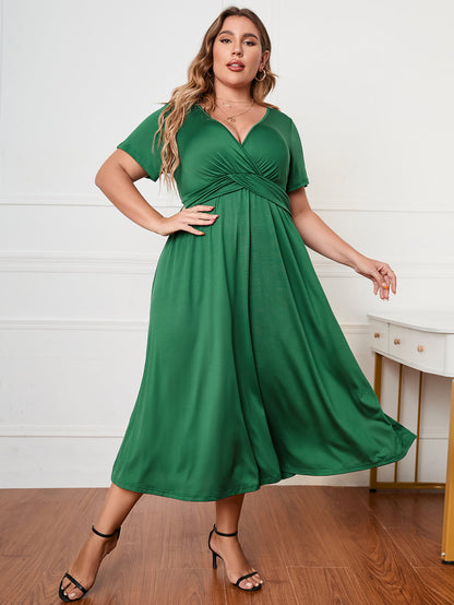 Plus Size Short Sleeve Surplice Neck Midi Dress