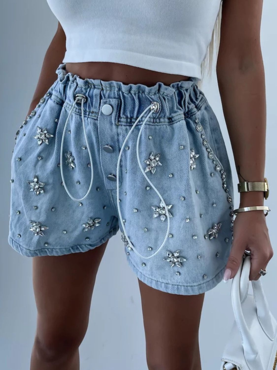 Rhinestone Drawstring Denim Shorts