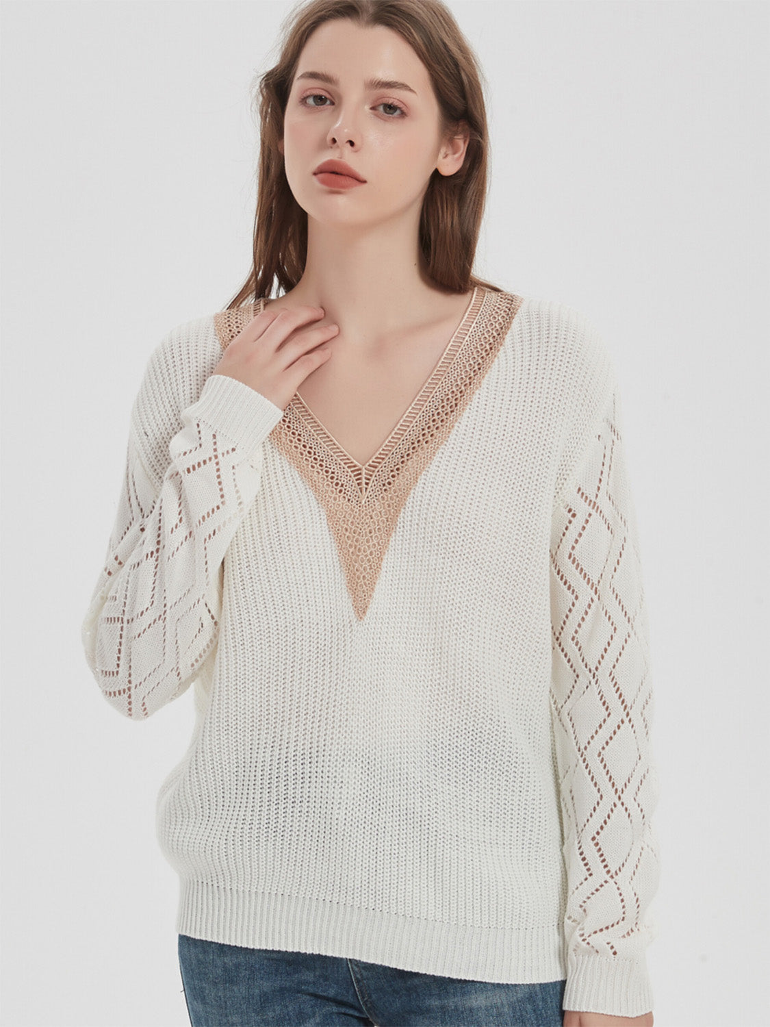 Openwork V-Neck Dropped Shoulder Sweater