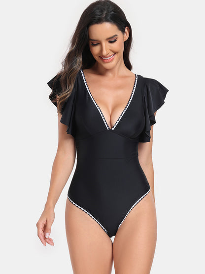 Plunge Cap Sleeve One-Piece Swimwear