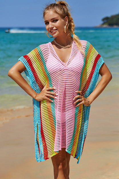 Double Take Openwork Striped Slit Knit Cover Up