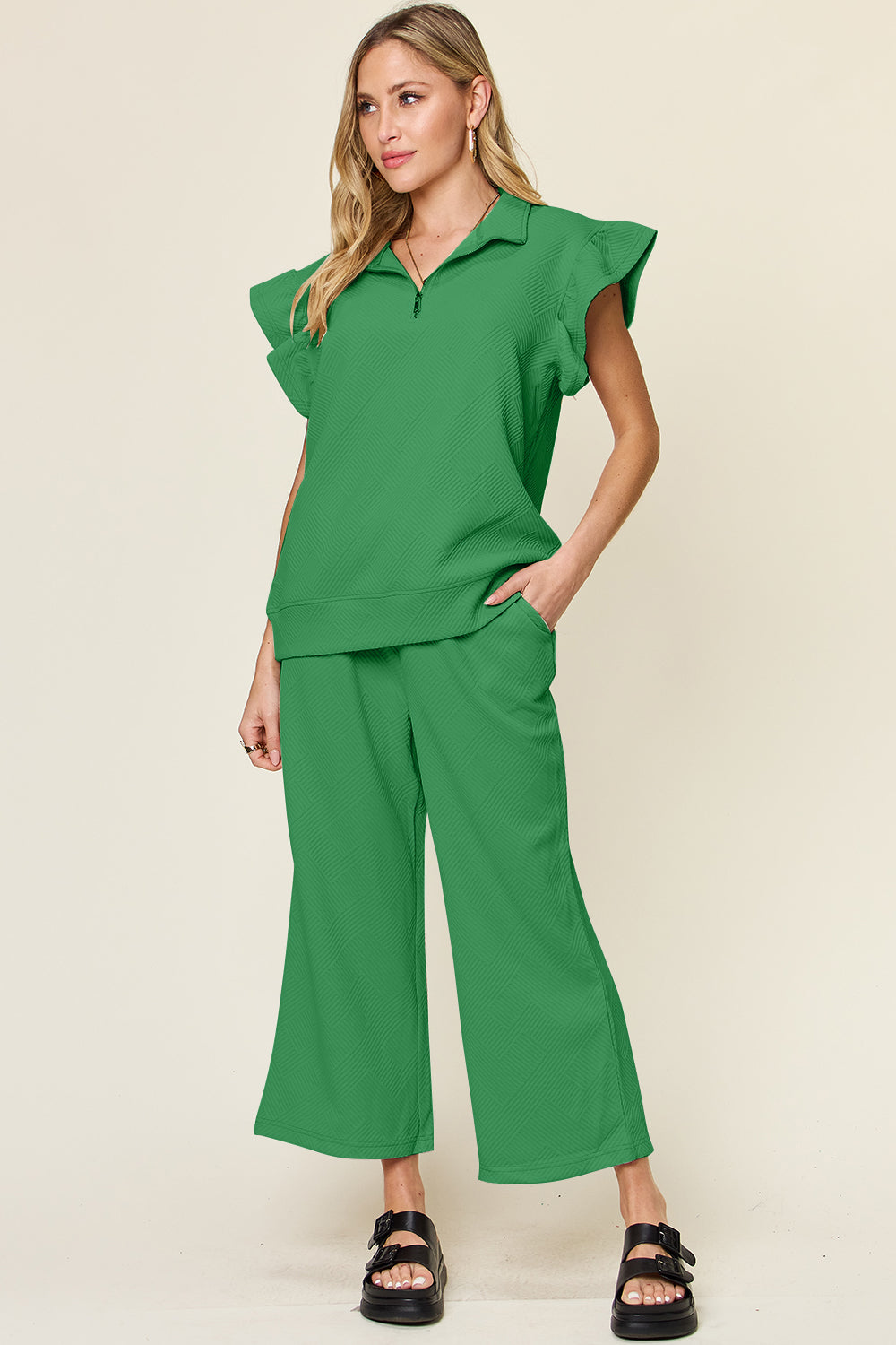 Double Take Texture Ruffle Short Sleeve Top and Drawstring Wide Leg Pants Set