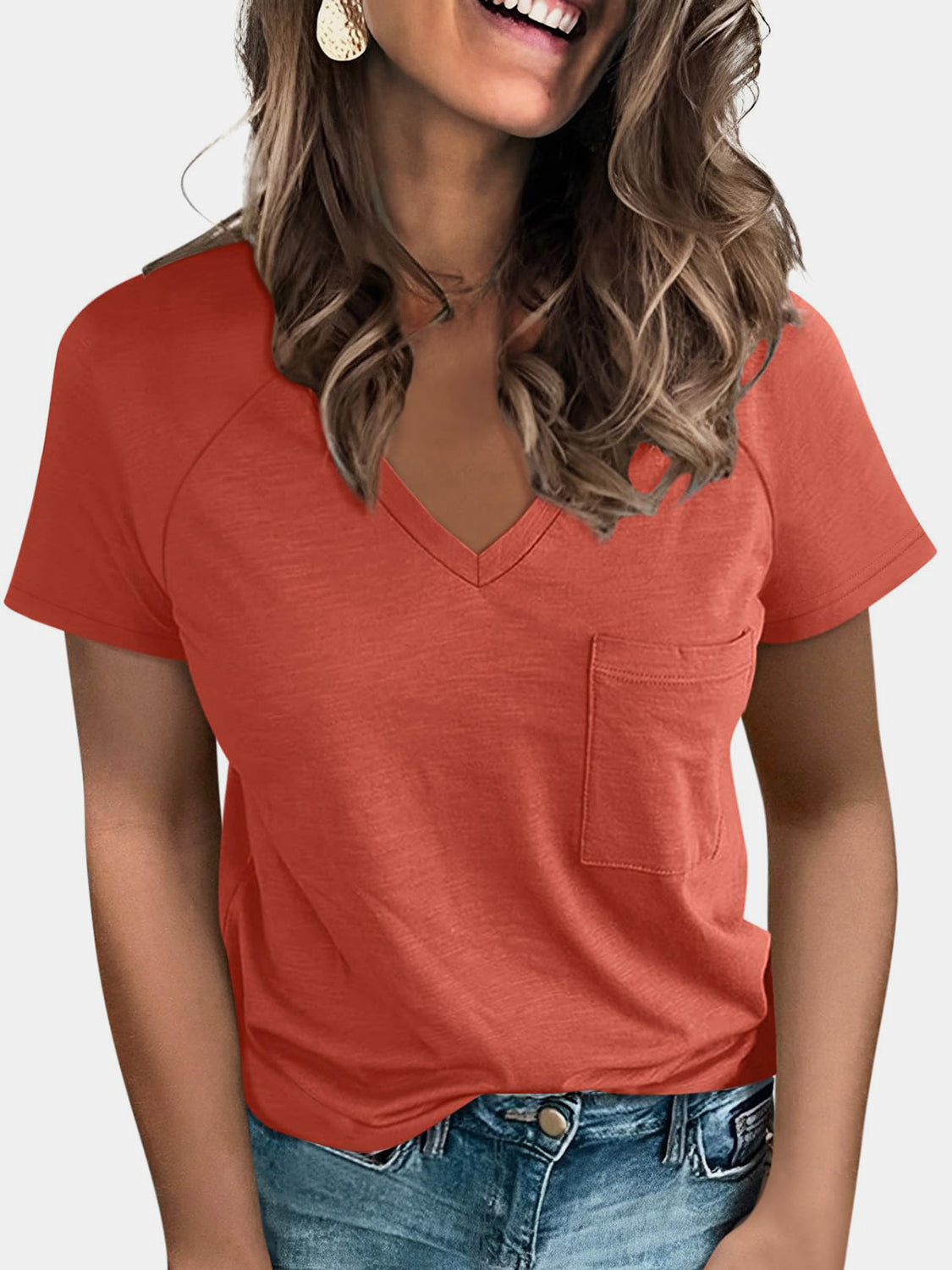 Pocketed V-Neck Short Sleeve T-Shirt