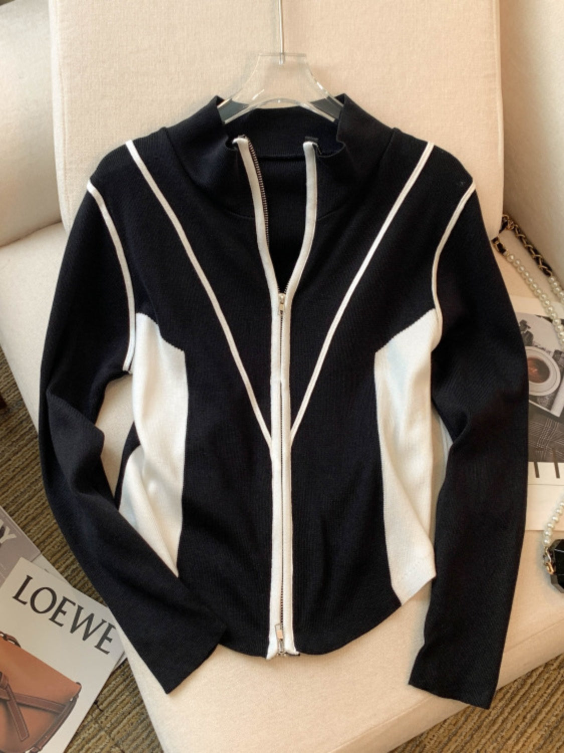 Contrast Zip Up Long Sleeve Cardigan