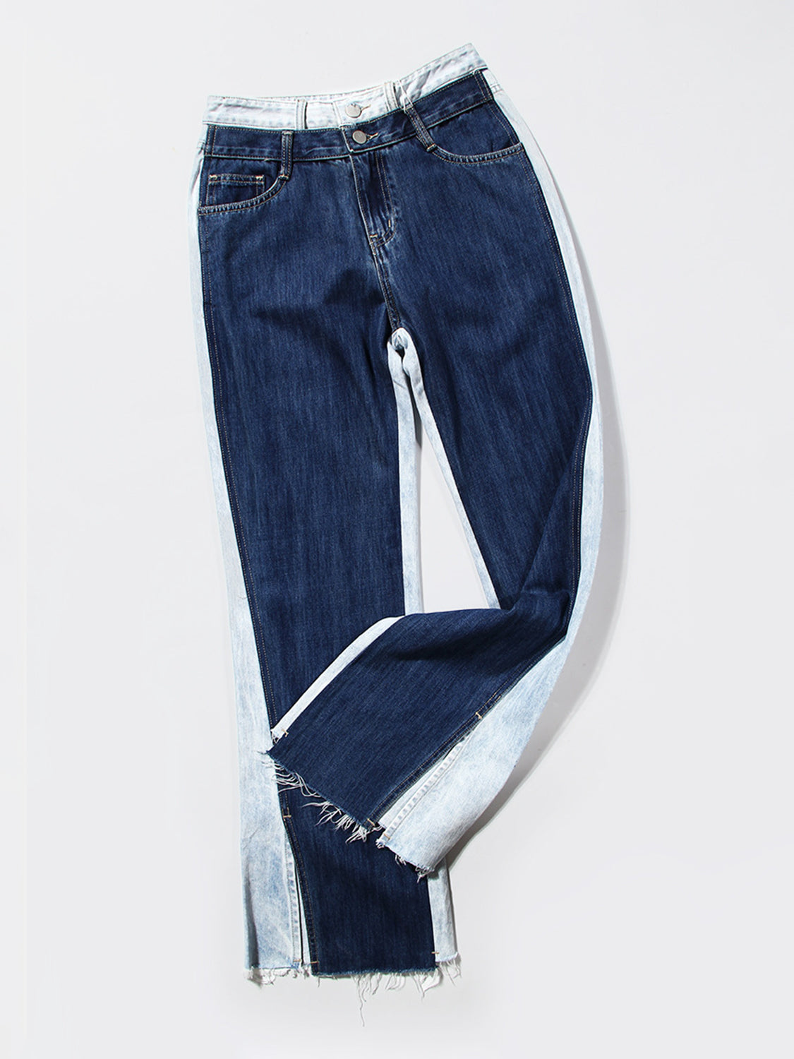 Contrast Button Fly Slit Frayed Hem Jeans