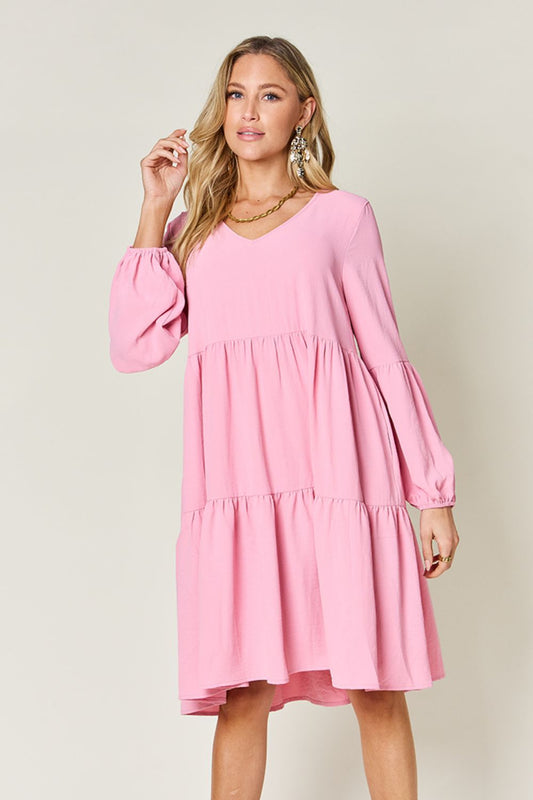 Double Take Full Size V-Neck Balloon Sleeve Tiered Dress