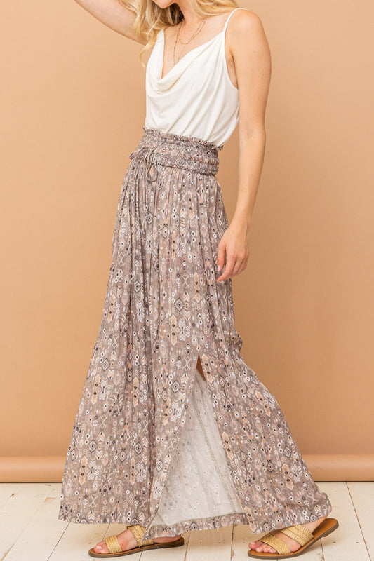 And The Why Printed Smocked Slit Printed Midi Skirt