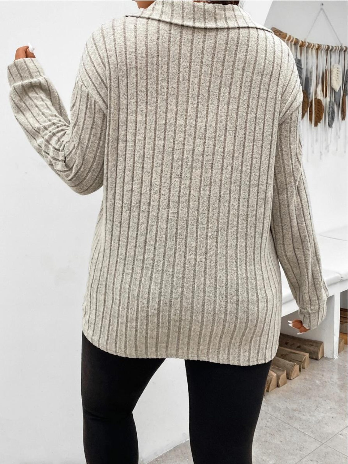 Plus Size Ribbed Johnny Collar Long Sleeve T-Shirt