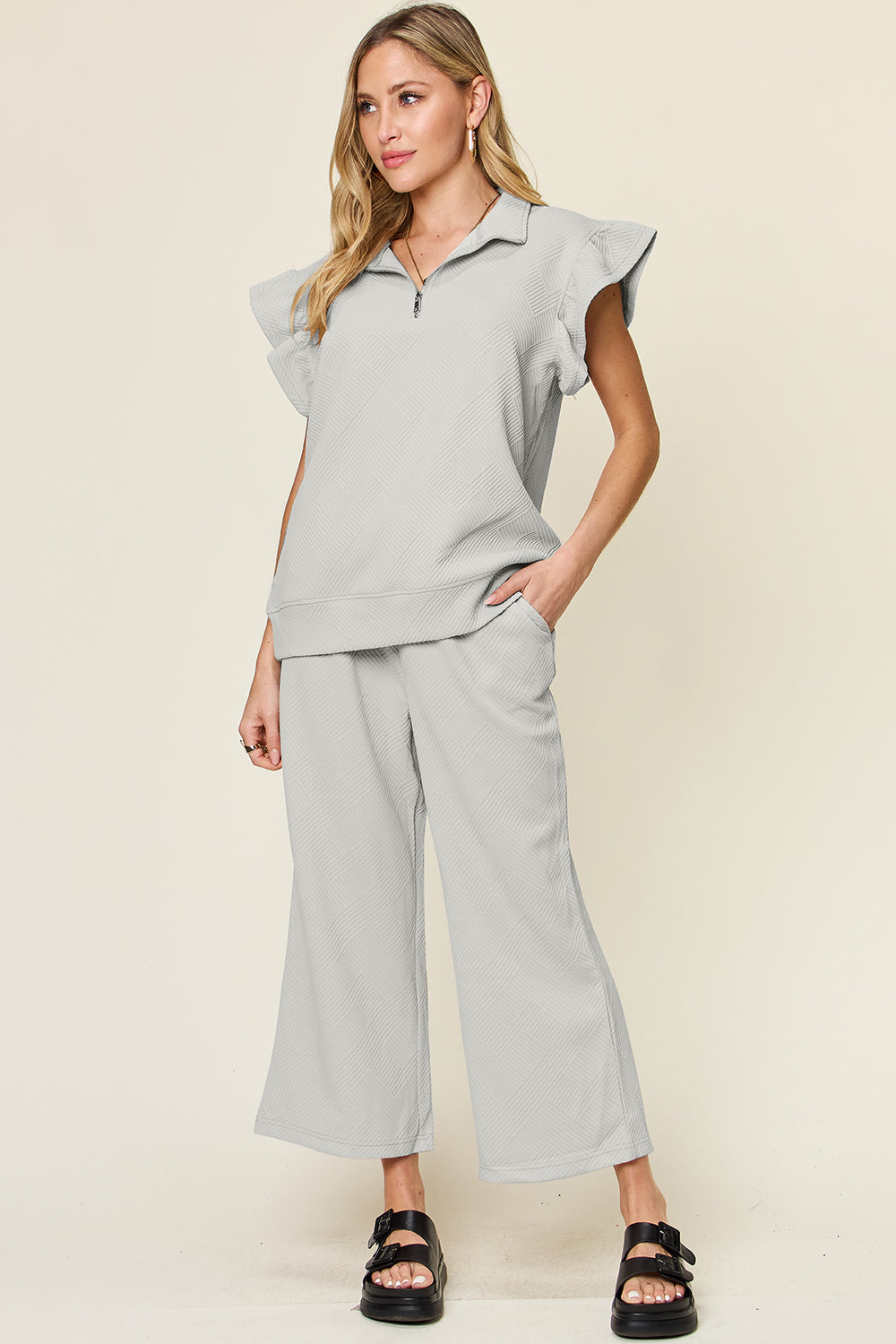 Double Take Texture Ruffle Short Sleeve Top and Drawstring Wide Leg Pants Set