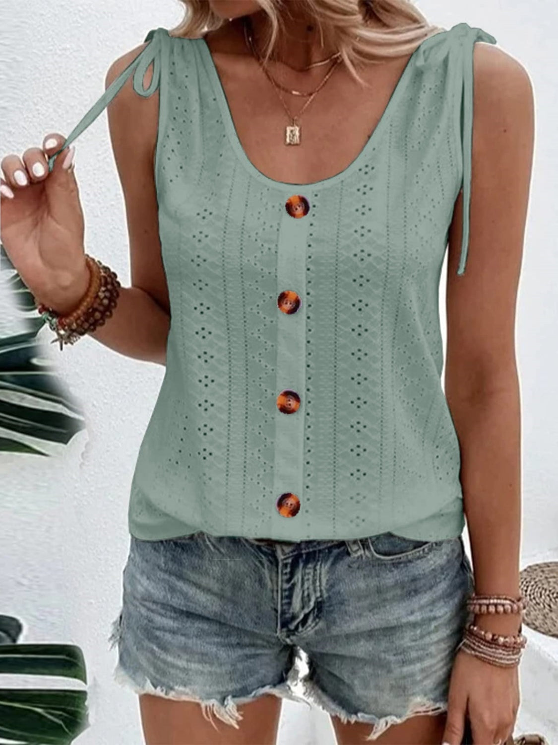 Eyelet Tie Shoulder Scoop Neck Tank