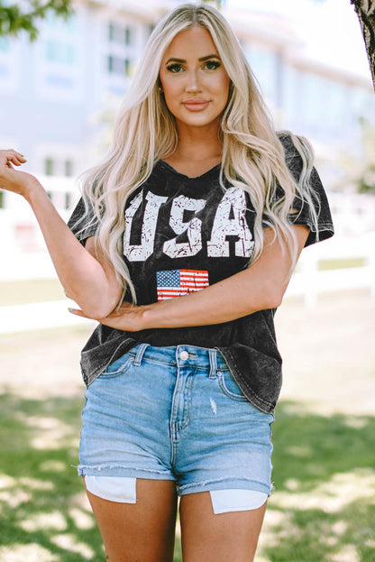 USA Cutout Round Neck Short Sleeve T-Shirt